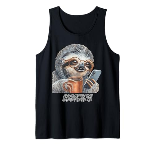 Sloth Phone Scrolling Coffee Animal Vibes Tank Top