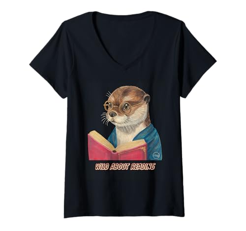 Womens Wild About Reading Otter Wearing Glasses Design V-Neck T-Shirt