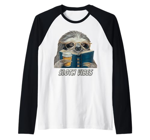 Sloth Vibes Reading Coffee Lover Eyeglass Wearing Animal Raglan Baseball Tee