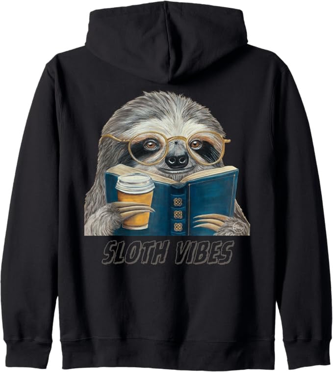 Sloth Vibes Reading Coffee Lover Eyeglass Wearing Animal Zip Hoodie