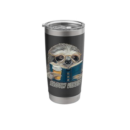 Sloth Vibes Reading Coffee Lover Eyeglass Wearing Animal Stainless Steel Insulated Tumbler