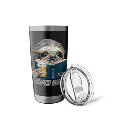 Sloth Vibes Reading Coffee Lover Eyeglass Wearing Animal Stainless Steel Insulated Tumbler