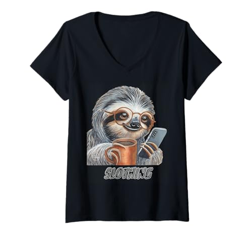 Womens Sloth Phone Scrolling Coffee Animal Vibes V-Neck T-Shirt