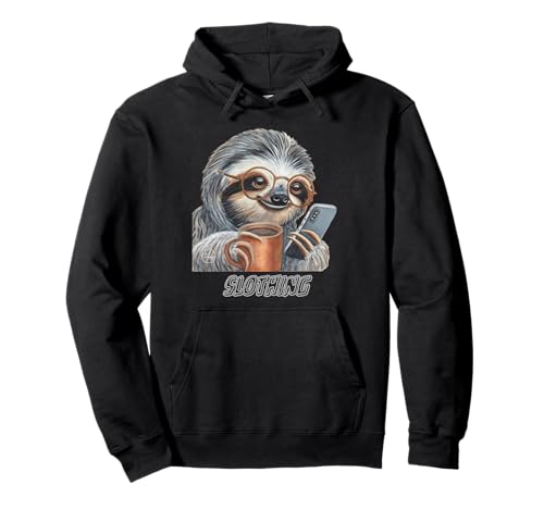 Sloth Phone Scrolling Coffee Animal Vibes Pullover Hoodie