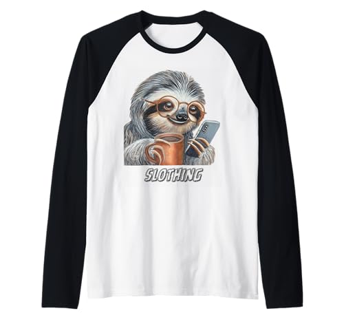 Sloth Phone Scrolling Coffee Animal Vibes Raglan Baseball Tee