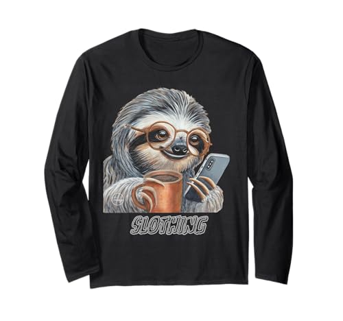Sloth Phone Scrolling Coffee Animal Vibes Long Sleeve T-Shirt