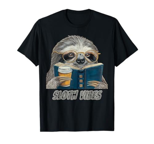 Sloth Vibes Reading Coffee Lover Eyeglass Wearing Animal T-Shirt
