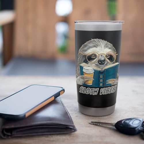 Sloth Vibes Reading Coffee Lover Eyeglass Wearing Animal Stainless Steel Insulated Tumbler