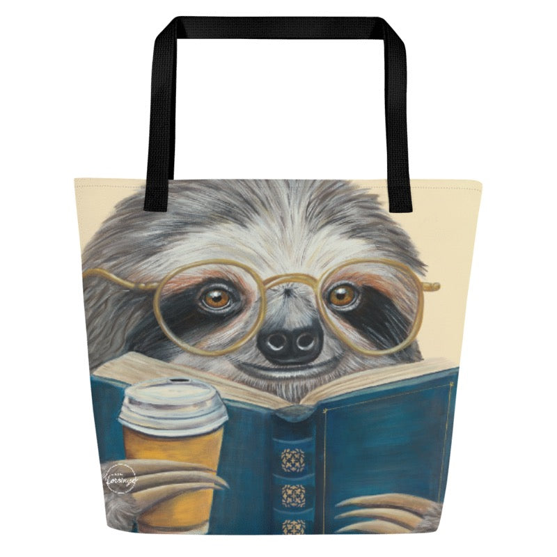 Sloth, the Leisurely Reader Large Tote Bag